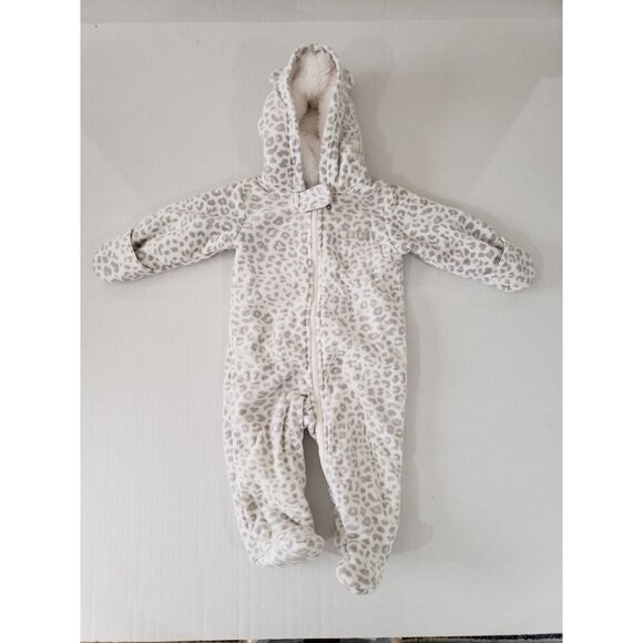 Carter's white and gray leopard, fold over mittens, hooded snowsuit, size 6M - Picture 1 of 12